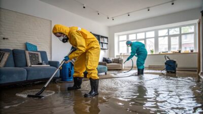 water damage restoration company working