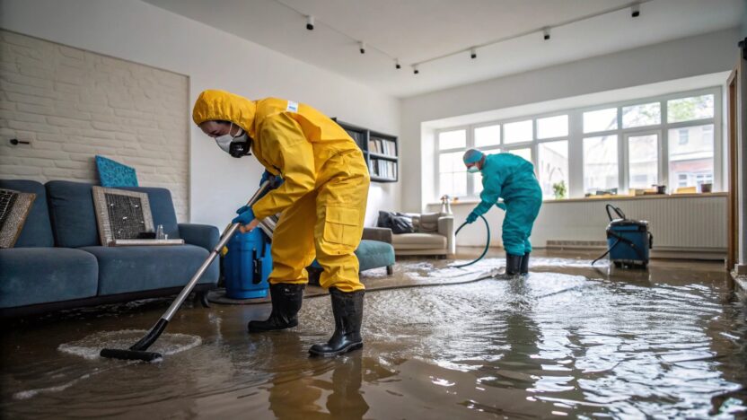 water damage restoration company working