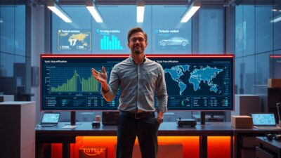 A developer implements Tesla-inspired AI logistics solutions in a futuristic innovation lab, showcasing superior routing efficiency and autonomous vehicle integration that outperforms traditional models like Amazon. The scene uses cinematic lighting with cool AI optimization glows contrasting against warm workspace tones, demonstrating next-generation logistics app development services for 2026.