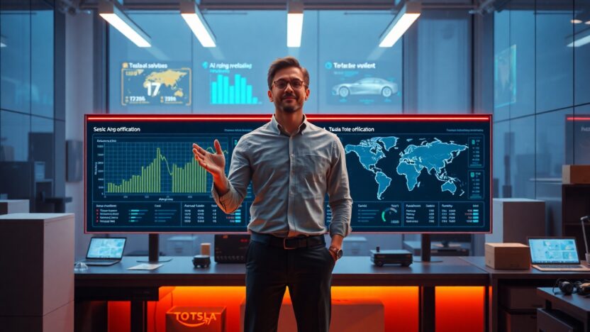 A developer implements Tesla-inspired AI logistics solutions in a futuristic innovation lab, showcasing superior routing efficiency and autonomous vehicle integration that outperforms traditional models like Amazon. The scene uses cinematic lighting with cool AI optimization glows contrasting against warm workspace tones, demonstrating next-generation logistics app development services for 2026.